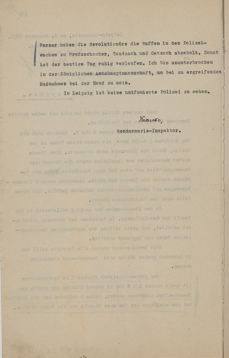 Schreiben des Gendarmerie-Inspektors Krause, Leipzig-Connewitz vom 9. November 1918 an die Königliche Gendarmerie-Direktion in Dresden, Rückseite