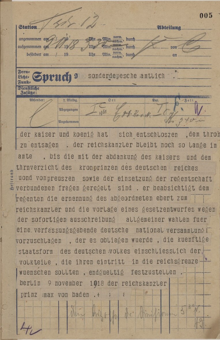 Amtliche Sonderdepesche des Reichskanzlers Prinz Max von Baden vom 9. November 1918