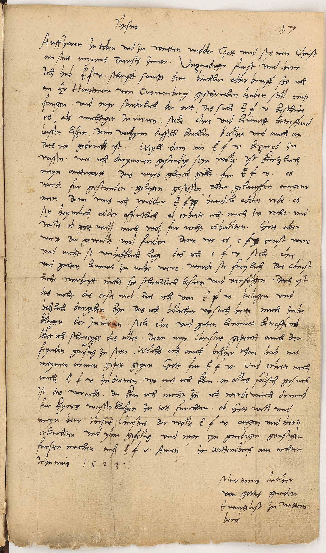 Eigenhändiger Brief Martin Luthers an Herzog Georg, den »ungnädigen Fürsten«, vom 3. Januar 1523