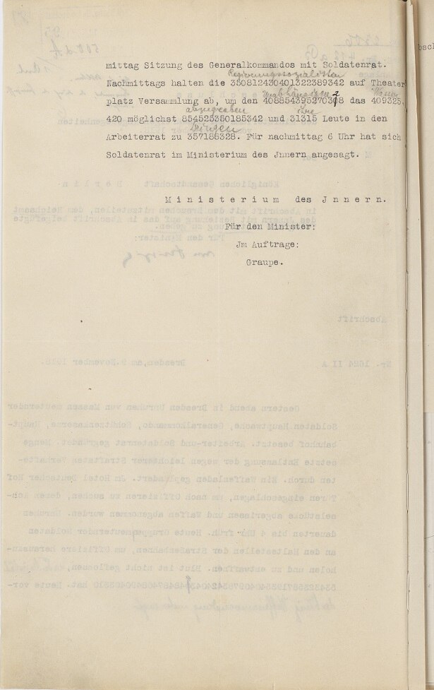 Bericht des Ministeriums des Inneren vom 9. November 1918, Rückseite