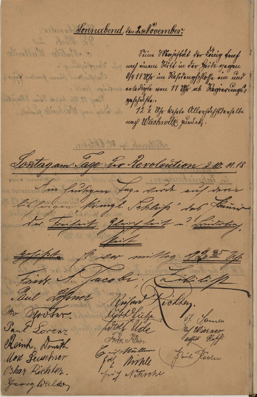 Eintrag der Revolutionäre vom 10.11.1918 im Hoftagebuch
