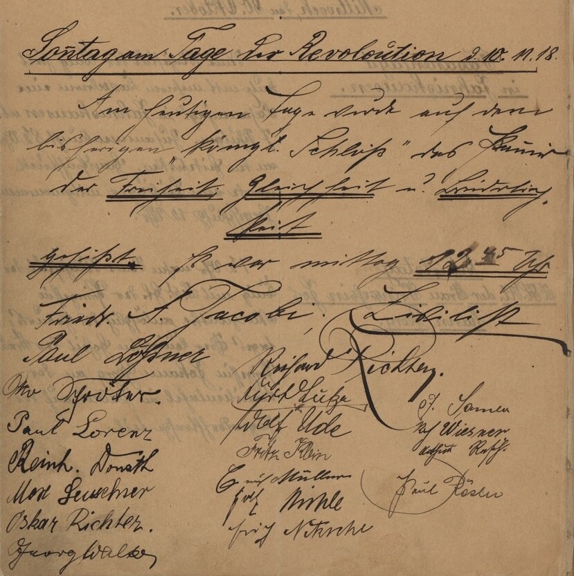 Eintrag der Revolutionäre im Hoftagebuch vom 10.11.1918, Quelle: Sächsisches Staatsarchiv, 10006 Oberhofmarschallamt o IV, Nr. 324 Eintrag der Revolutionäre im Hoftagebuch vom 10.11.1918, Quelle: Sächsisches Staatsarchiv, 10006 Oberhofmarschallamt o IV, Nr. 324