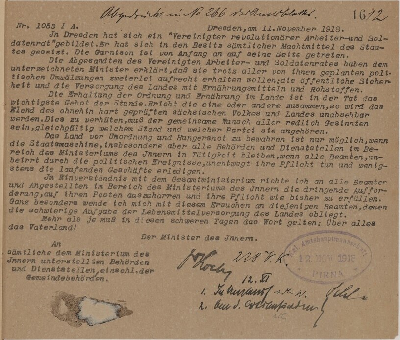 Schreiben des Ministerium des Innern vom 11. November 1918