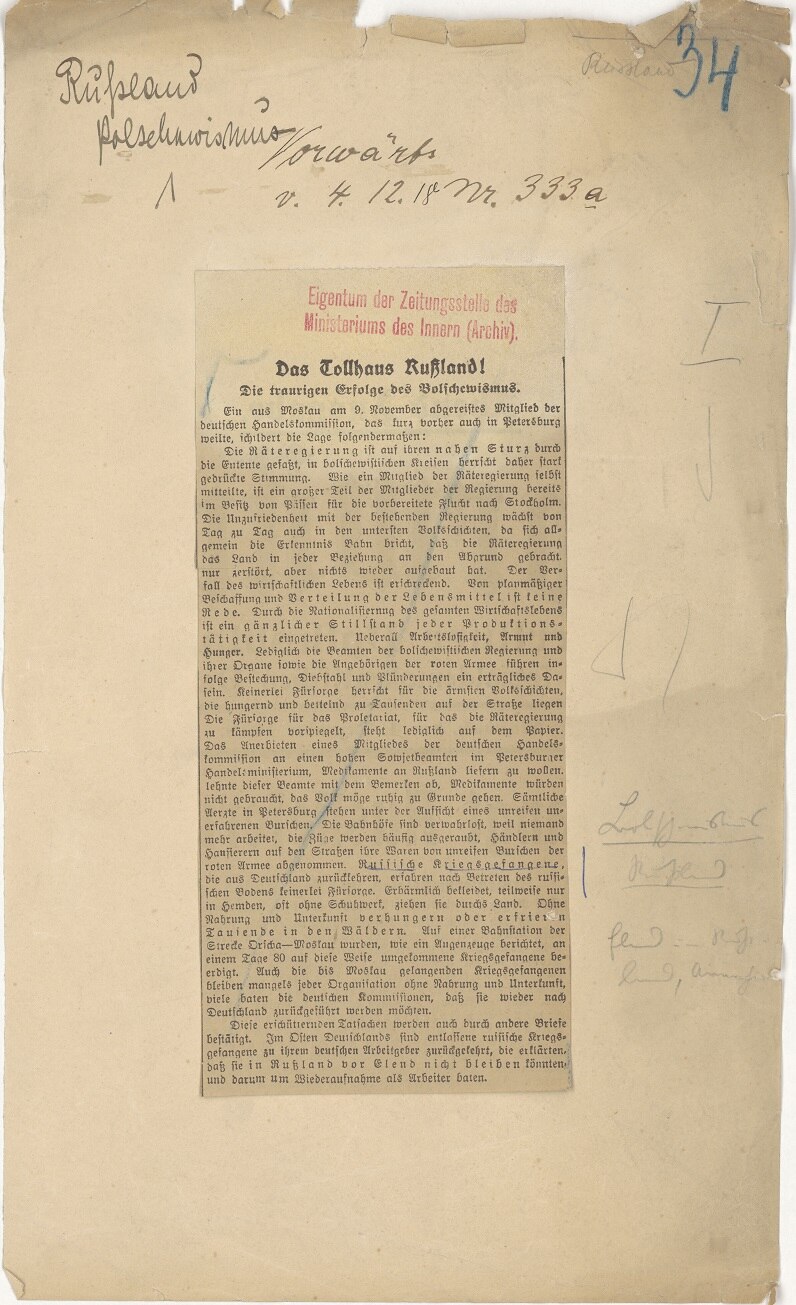 Zeitungsartikel »Das Tollhaus Russland!« vom 4. Dezember 1918
