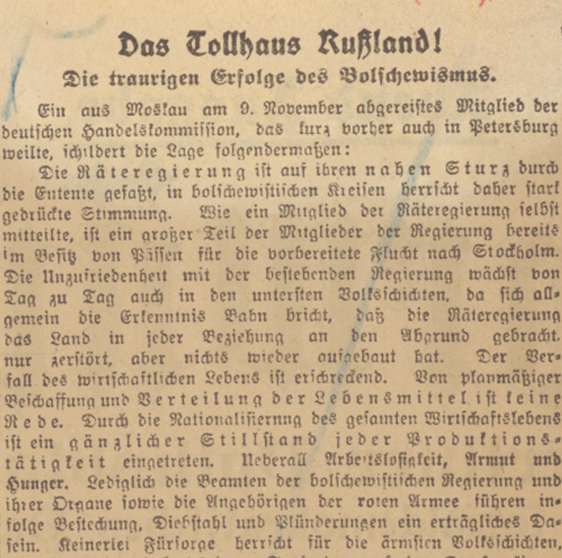 Zeitungsartikel über das »Tollhaus Russland« vom 4. Dezember 1918, Quelle: Sächsisches Staatsarchiv, 10702 Staatskanzlei, Nachrichtenstelle Nr. 2163 Zeitungsartikel über das »Tollhaus Russland« vom 4. Dezember 1918, Quelle: Sächsisches Staatsarchiv, 10702 Staatskanzlei, Nachrichtenstelle Nr. 2163