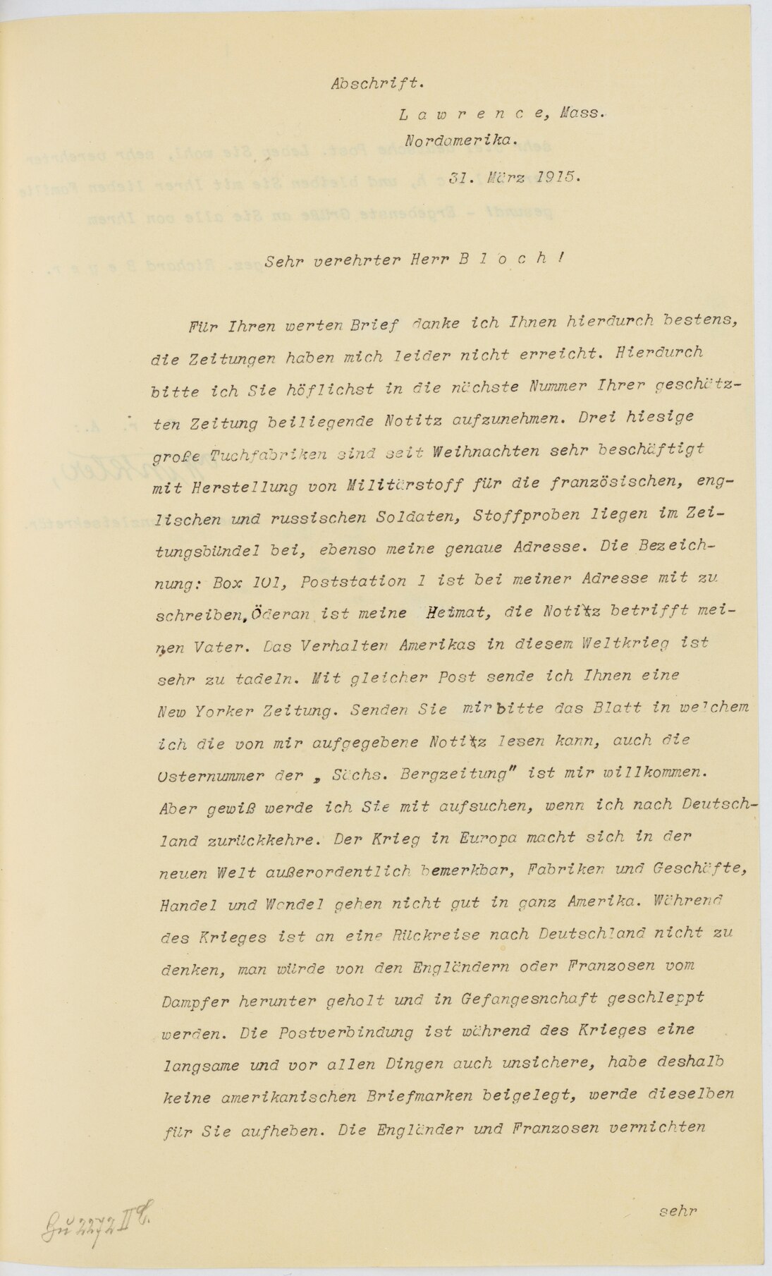 Dokument über Stoffproben für englische und französische Uniformen, April 1915