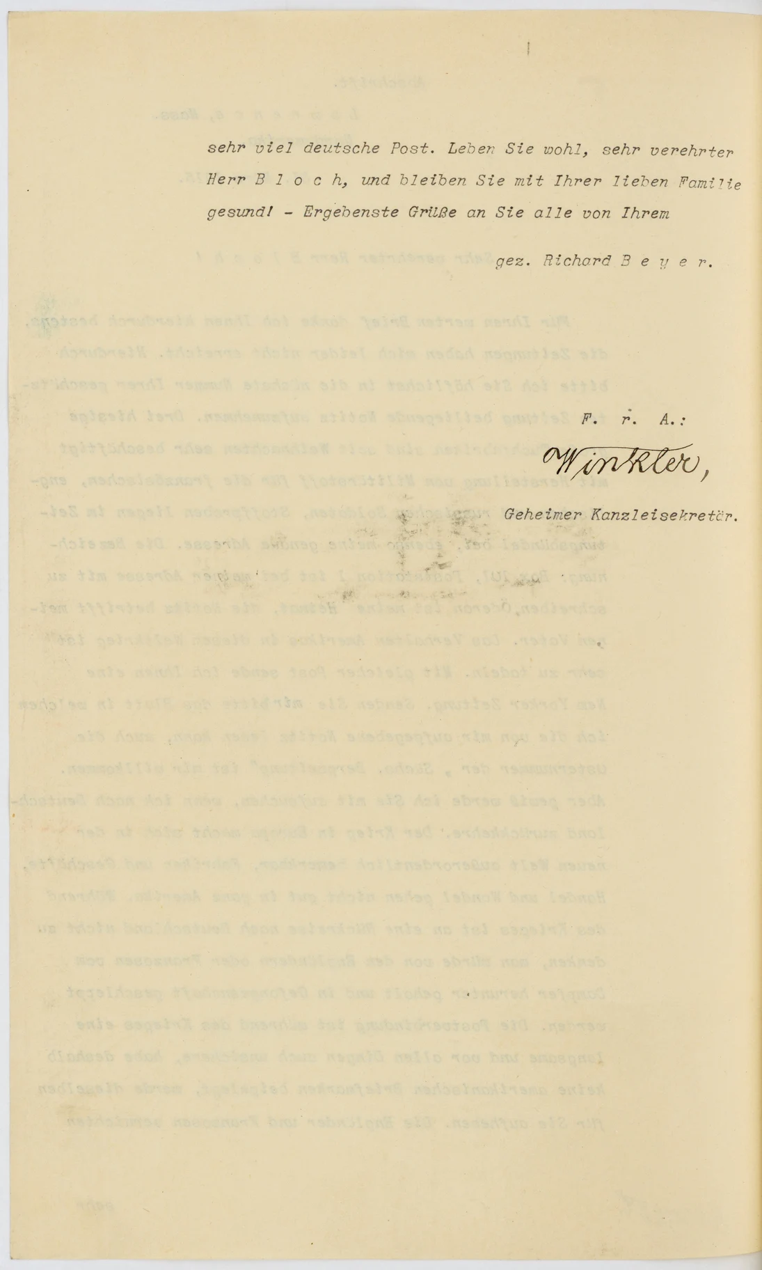 Der Scan zeigt ein Blatt Papier mit Schreibmaschinentext und handschriftlicher Unterschrift.