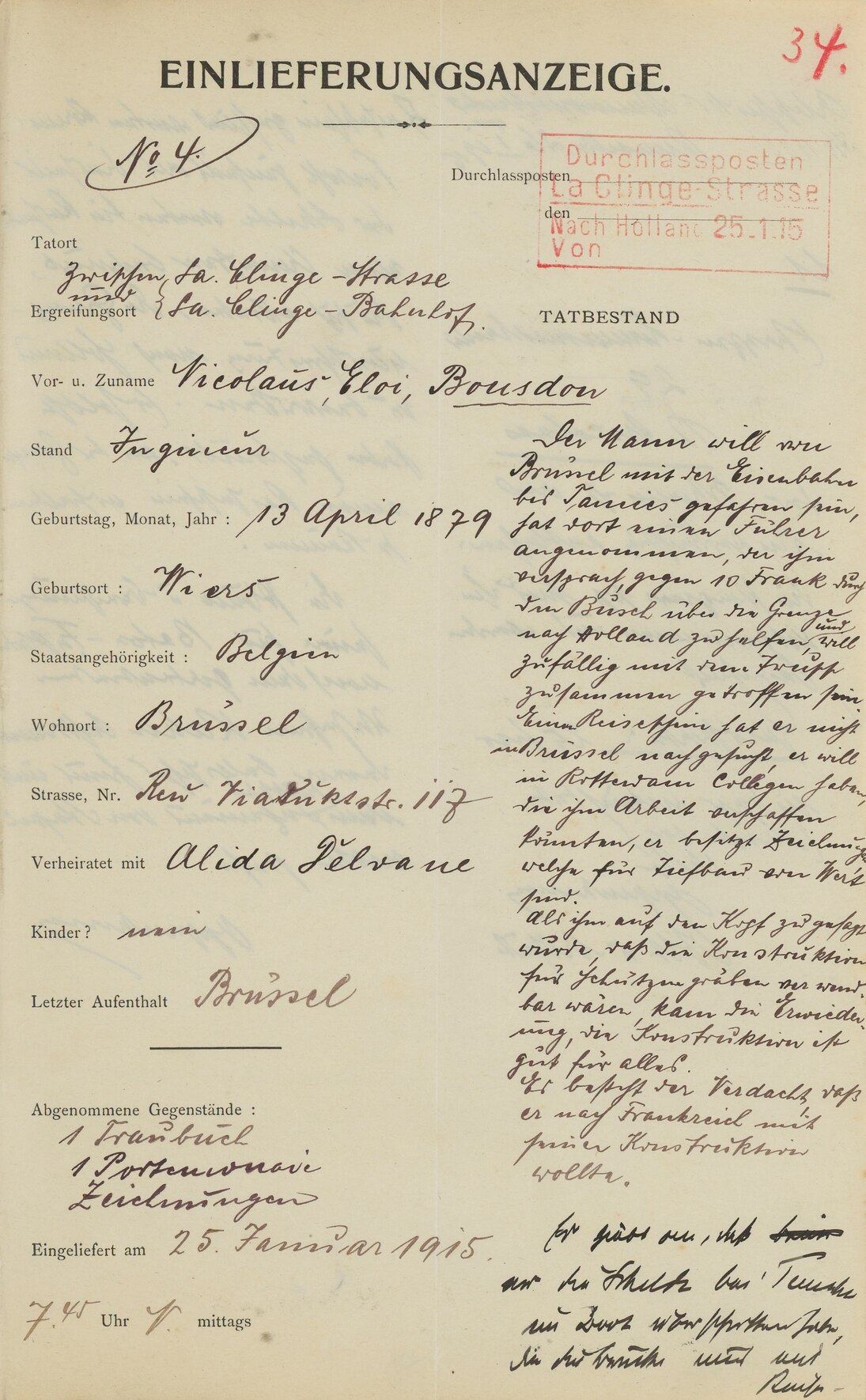 Einlieferungsanzeige eines beim illegalen Grenzübertritt aufgegriffenen belgischen Ingenieurs, Januar 1915