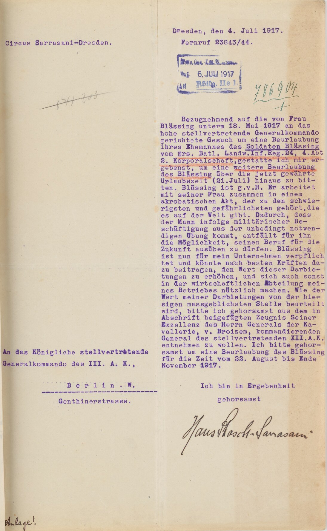 Dokument zum Gesuch von Hans Stosch-Sarrasani um weitere Beurlaubung seines Akrobaten, 4. Juli 1917