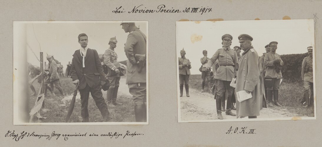 Kronprinz Georg von Sachsen examiniert eine verdächtige Person bei Novion-Porcien am 30.8.1914