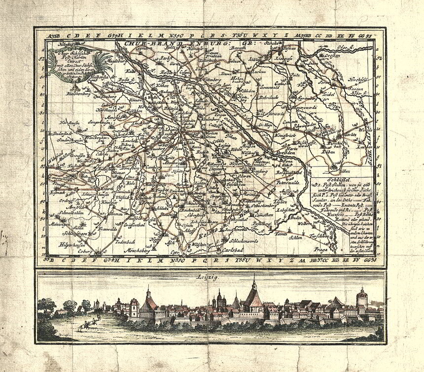 »Chur-Sächsischer Post-Charten Extract mit allen Chur-Sächsischen und vielen daran gräntzenden Post-Stationen«, Enthält u. a.: Ansicht der Stadt Leipzig am unteren Rand., [1723] (SächsStA-D, 12884 Karten und Risse, Schr 006, F 071, Nr 016a)