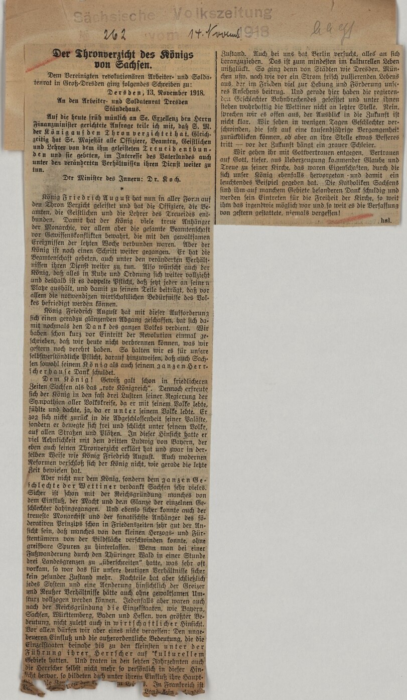 Ausgeschnittener und auf Papier geklebter Zeitungsartikel aus der Sächsischen Volkszeitung vom 14. November 1918
