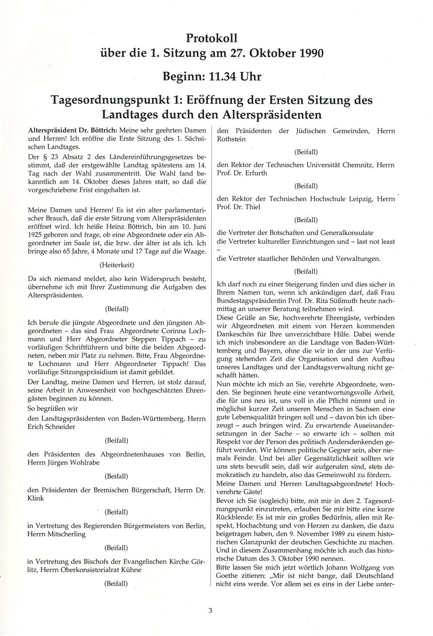 Tagesordnungspunkt 1 der ersten Sitzung des Sächsischen Landtages: Begrüßung durch Alterspräsident Dr. Böttrich