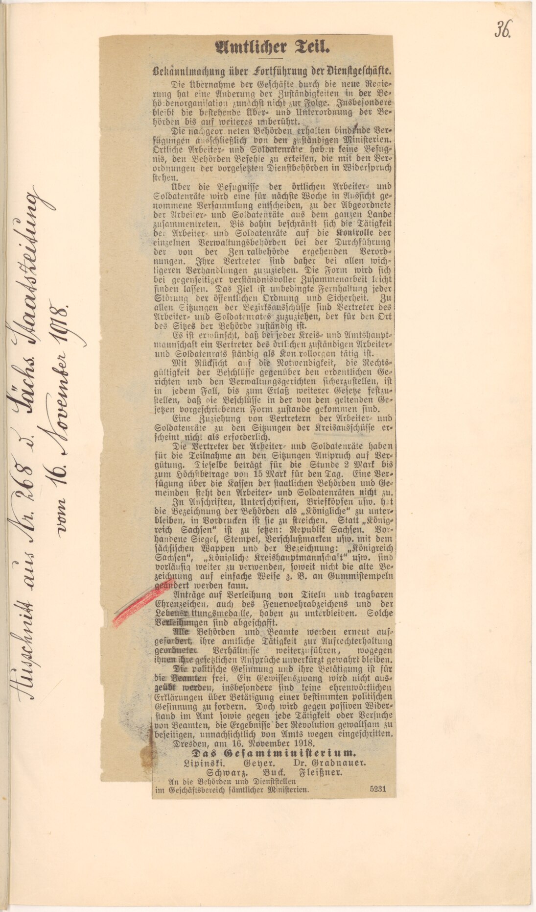 Regierungserklärung »Bekanntmachung über die Weiterführung der Dienstgeschäfte«, veröffentlicht in der Nr. 268 der Sächsischen Staatszeitung vom 16. November 1918