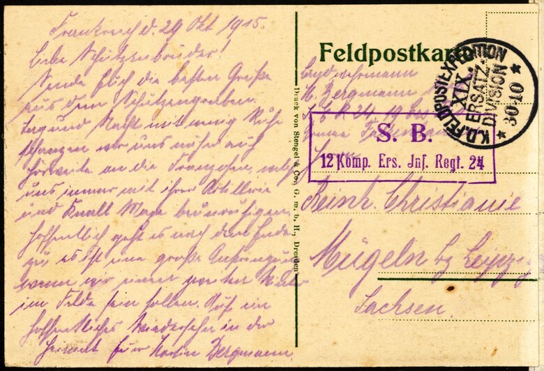 Bild: Feldpostkarte von 1915 an die M&uuml;gelner Sch&uuml;tzengesellschaft, R&uuml;ckseite (S&auml;chsStA-L, 20614 Stadt M&uuml;geln, Nr. 1107)