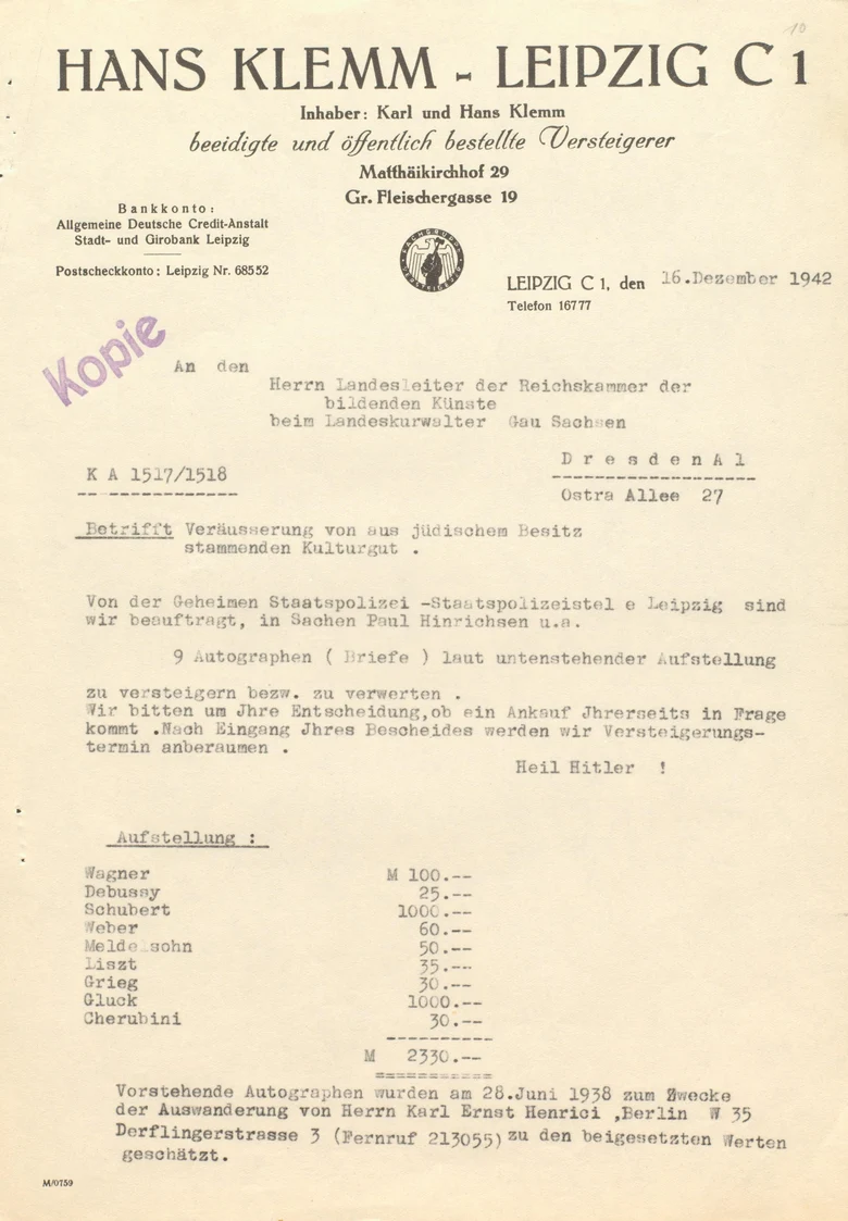 Der Scan zeigt ein Verzeichnis der versteigerten Gegenstände.