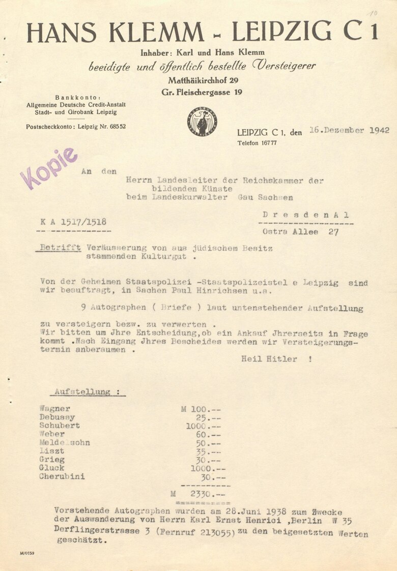 Der Scan zeigt ein Verzeichnis der versteigerten Gegenstände.