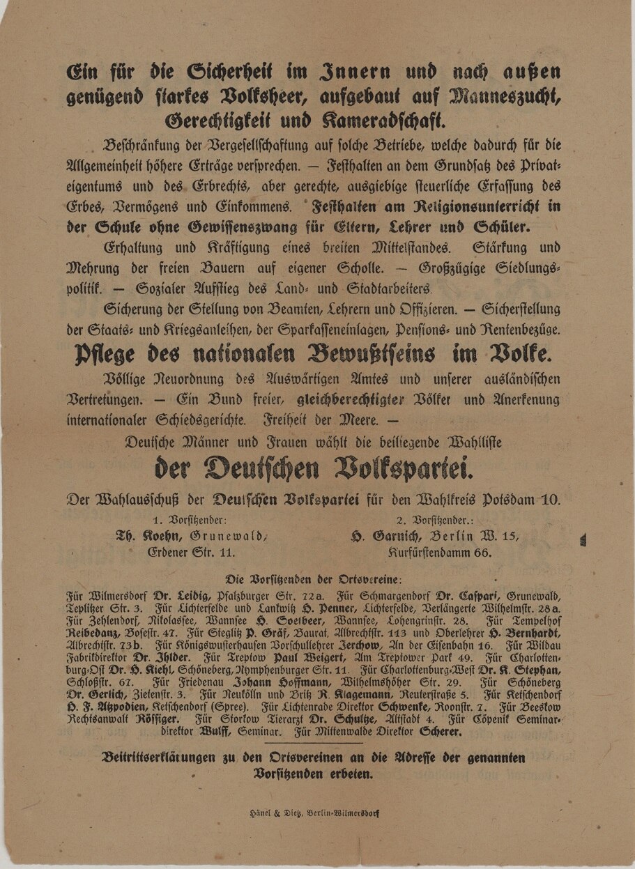 Flugblatt der Deutschen Volkspartei, Rückseite