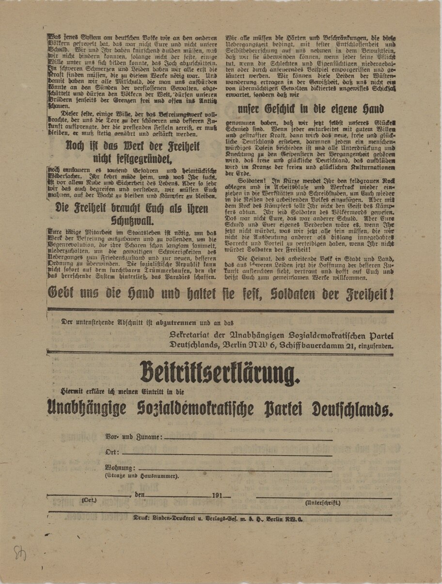 Flugblatt der Unabhängigen Sozialdemokratischen Partei Deutschlands (USPD), Rückseite
