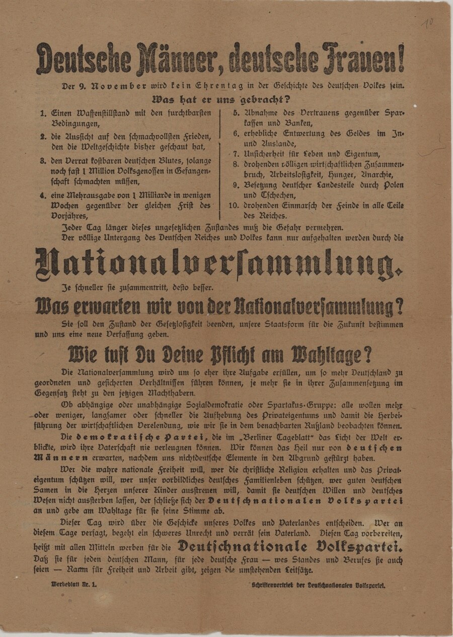 Flugblatt der Deutschnationalen Volkspartei