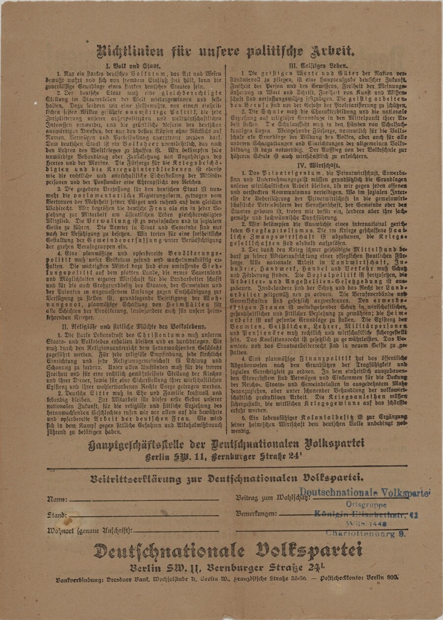 Flugblatt der Deutschnationalen Volkspartei, Rückseite