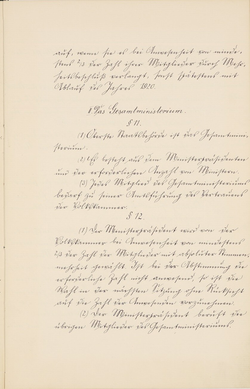 Handschriftliche Ausfertigung des vorläufigen Grundgesetzes für den Freistaat Sachsen von 1918
