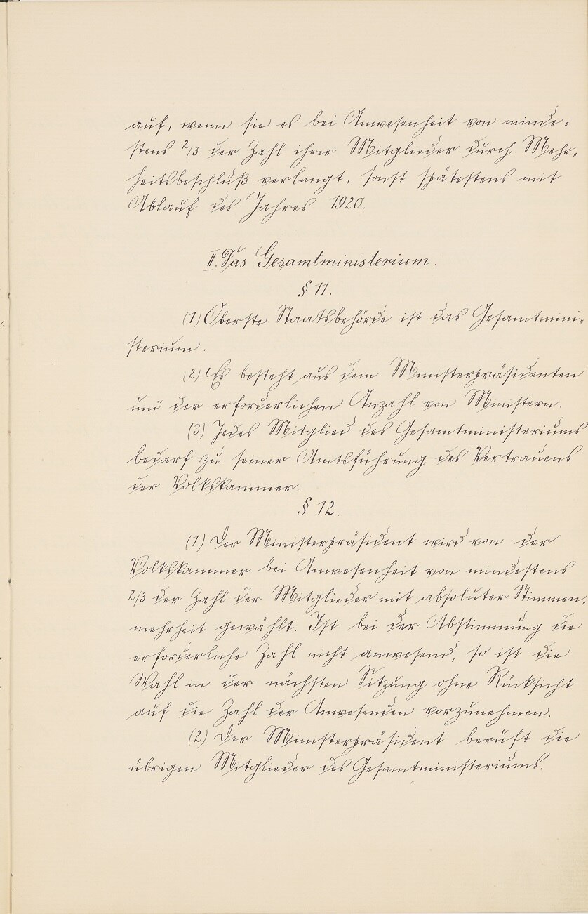 Handschriftliche Ausfertigung des vorläufigen Grundgesetzes für den Freistaat Sachsen von 1918
