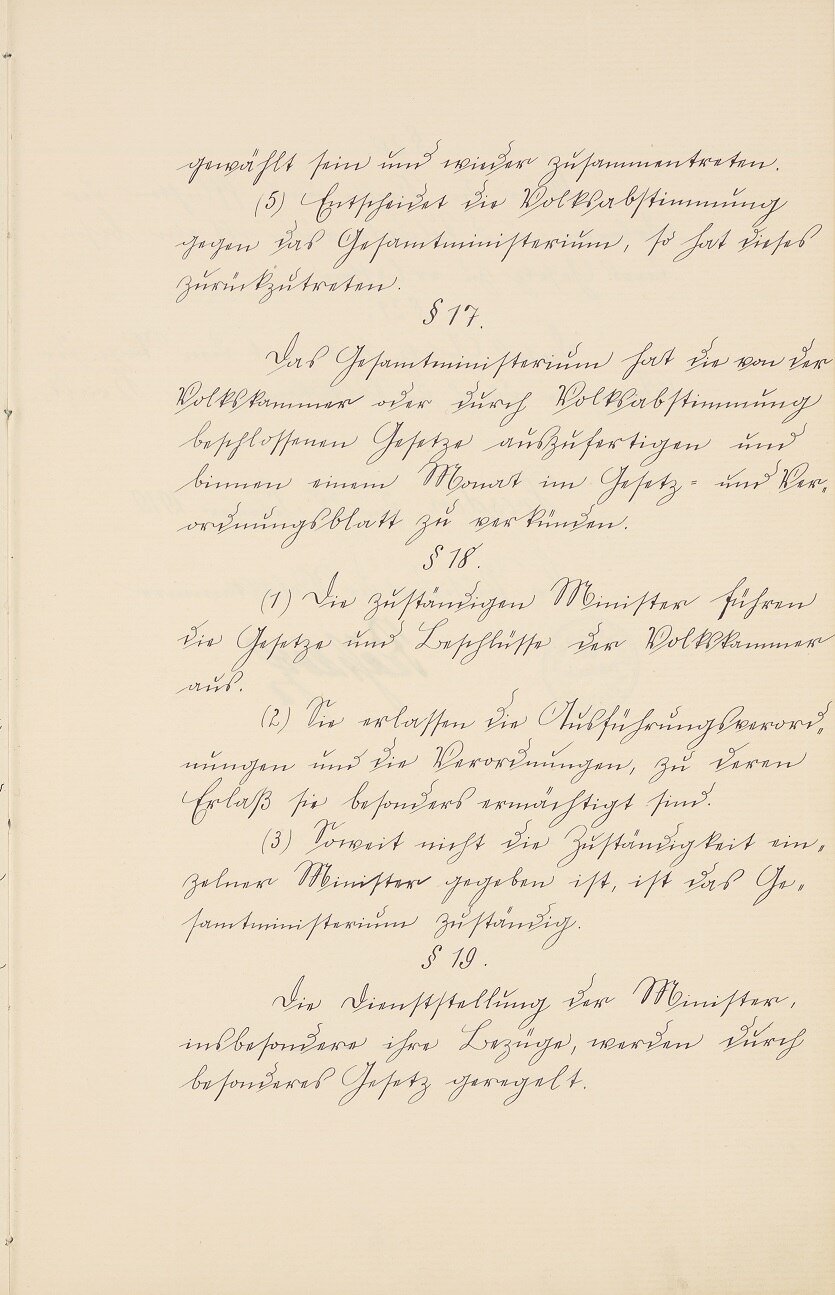 Handschriftliche Ausfertigung des vorläufigen Grundgesetzes für den Freistaat Sachsen von 1918