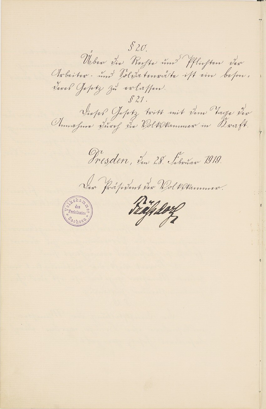 Handschriftliche Ausfertigung des vorläufigen Grundgesetzes für den Freistaat Sachsen von 1918