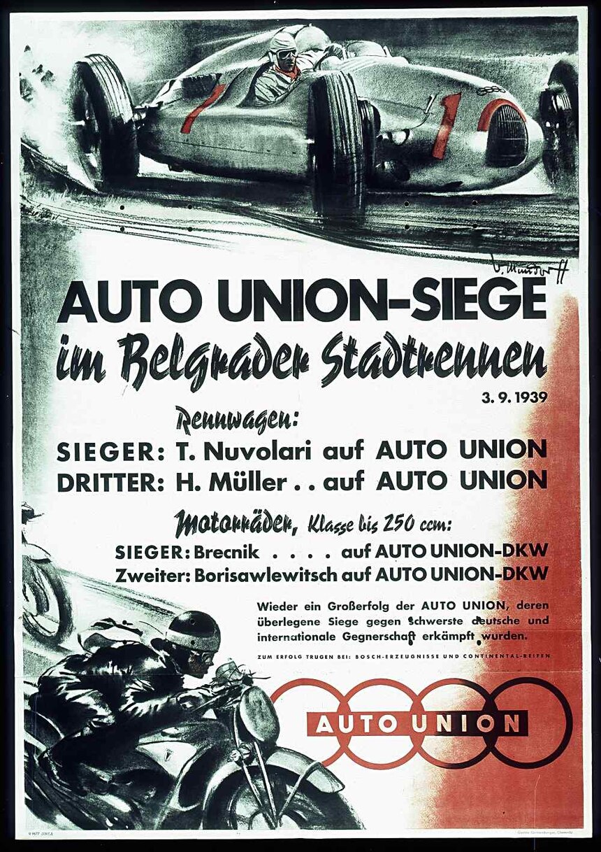 Plakat der Auto-Union von 1939, das einen Autorennfahrer und einen Motorradrennfahrer abbildet.