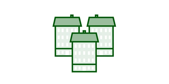 Die Grafik zeigt drei gleichartige Gebäude.