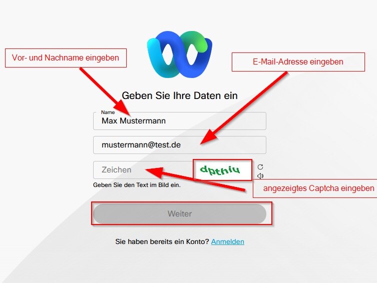 Screenshot zur Dateneingabe