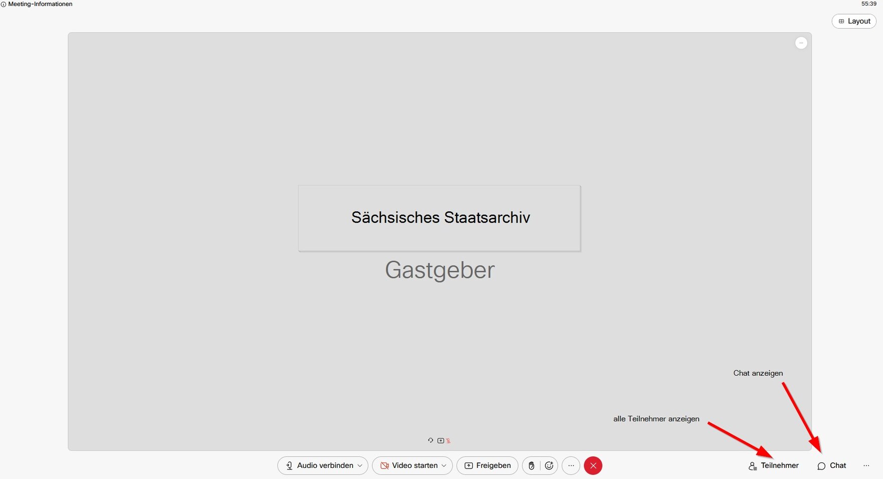 Screenshot mit Buttons zum Anzeigen der Teilnehmer und des Chats