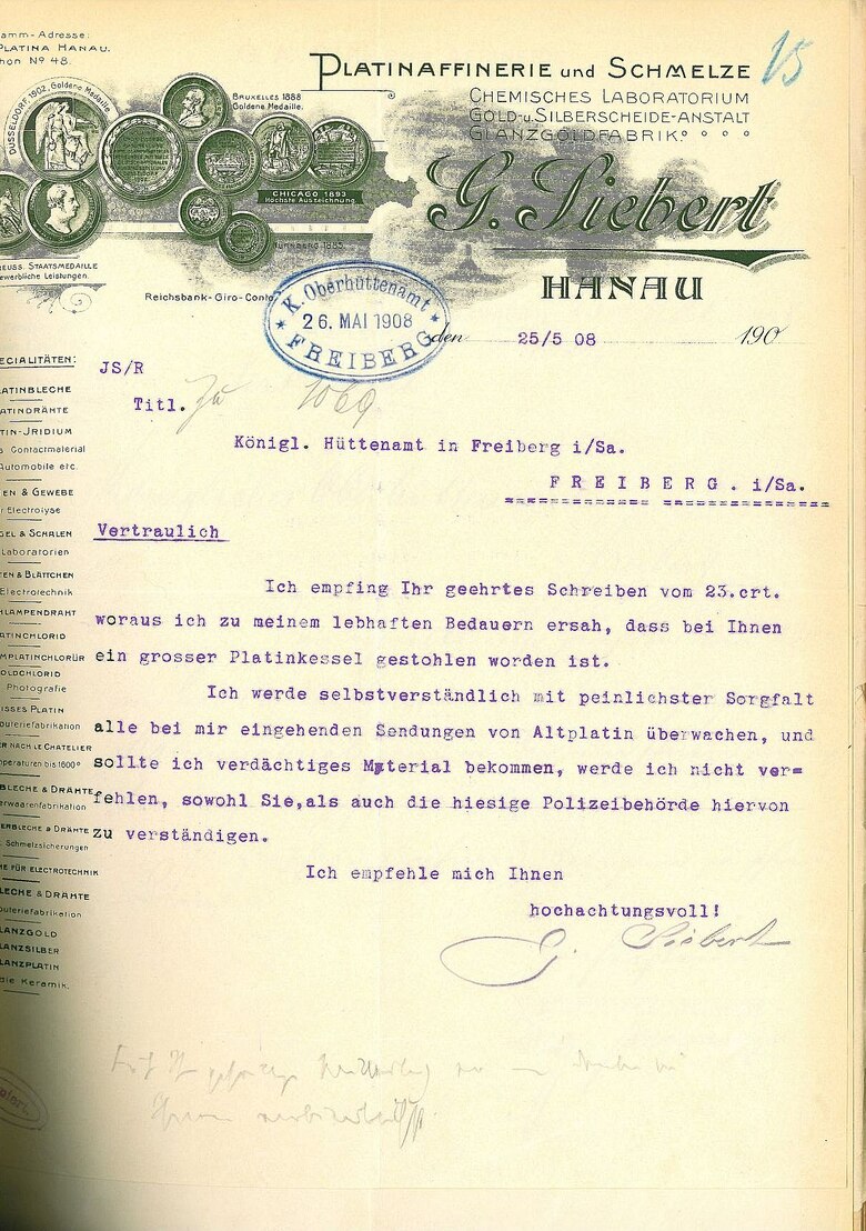 Antwortschreiben der Platinaffinerie und Schmelze Hanau vom 25. Mai 1908 auf ein Rundschreiben des Oberh&uuml;ttenamtes Freiberg nach dem Diebstahl