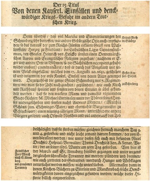 Beschreibung des Einfalls der Holckschen Truppen in Schneeberg 1632 beim Schneebergischen Chronisten Christian Meltzer