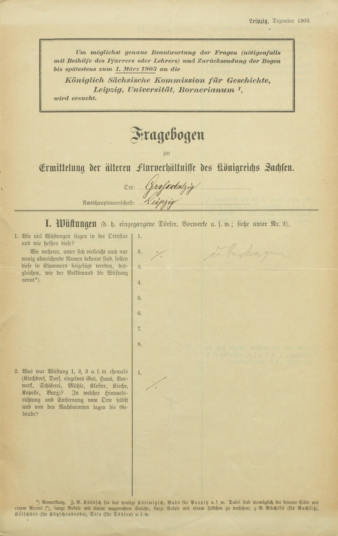 Fragebogen zur Ermittlung der älteren Flurverhältnisse in Sachsen, 1902