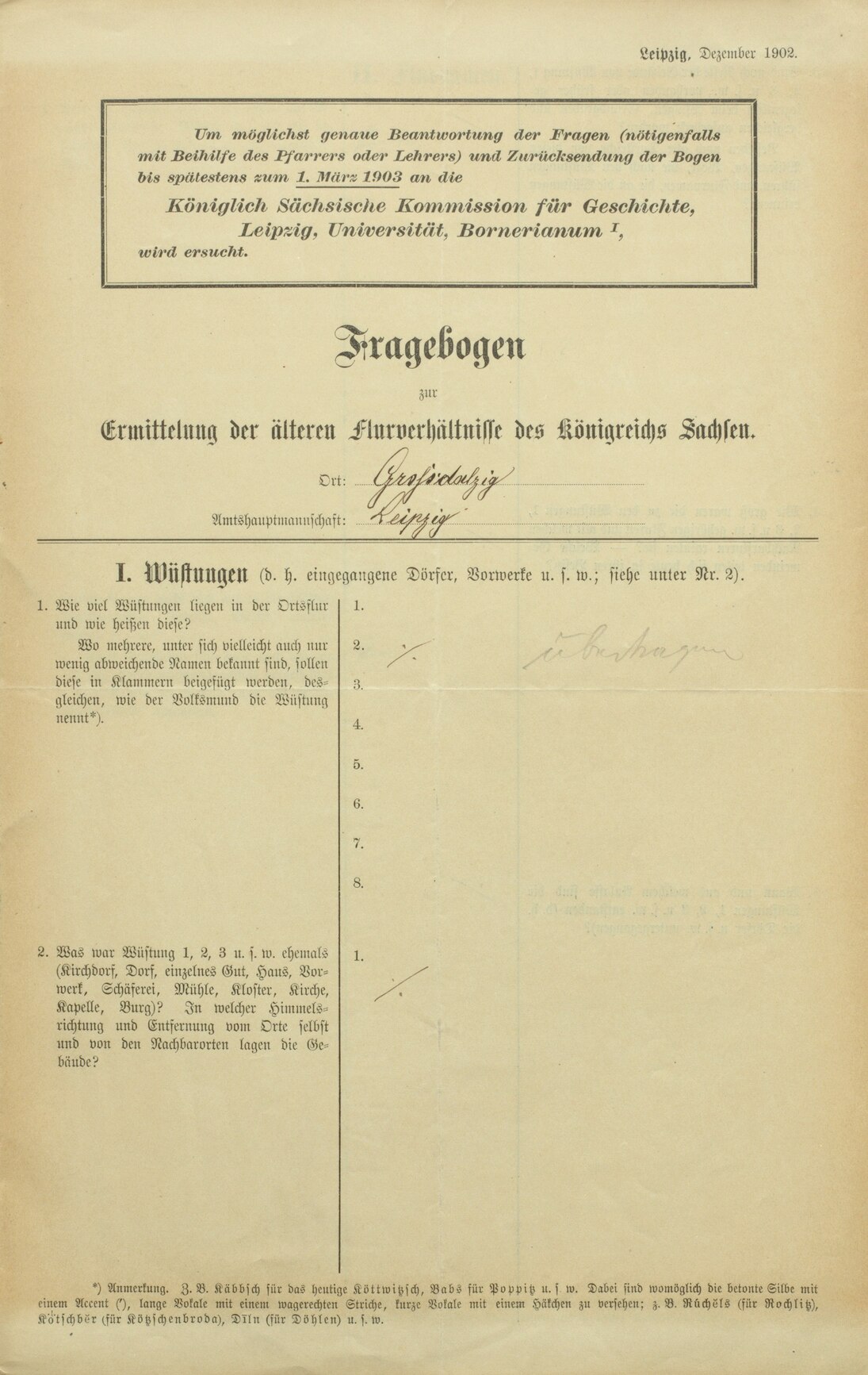 Fragebogen zur Ermittlung der älteren Flurverhältnisse in Sachsen, 1902
