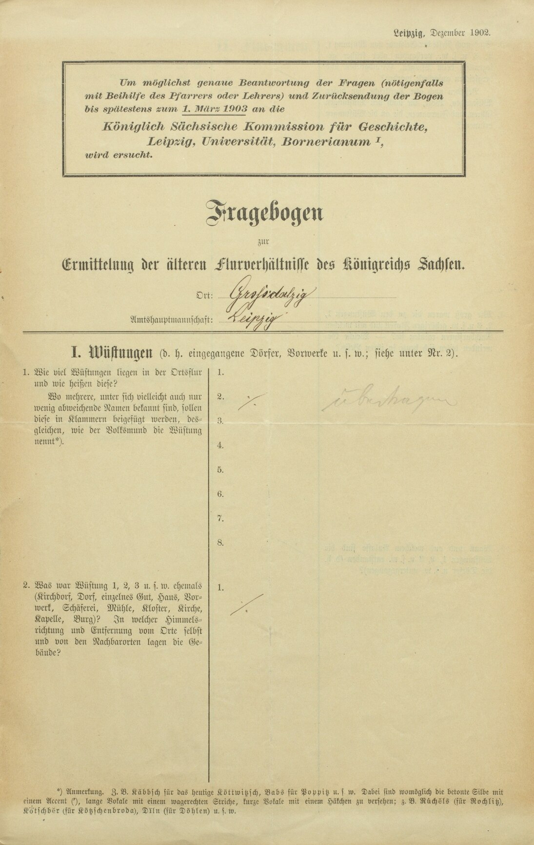 Fragebogen zur Ermittlung der älteren Flurverhältnisse in Sachsen, 1902