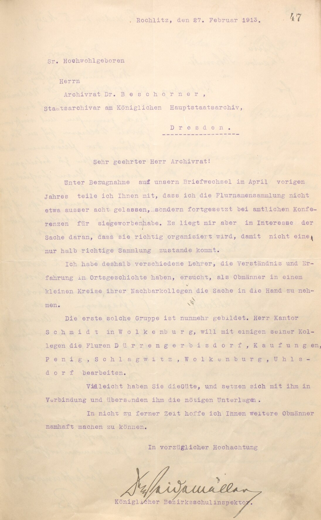Mitwirkung von Lehrern an der Erfassung von Flurnamen, 1913
