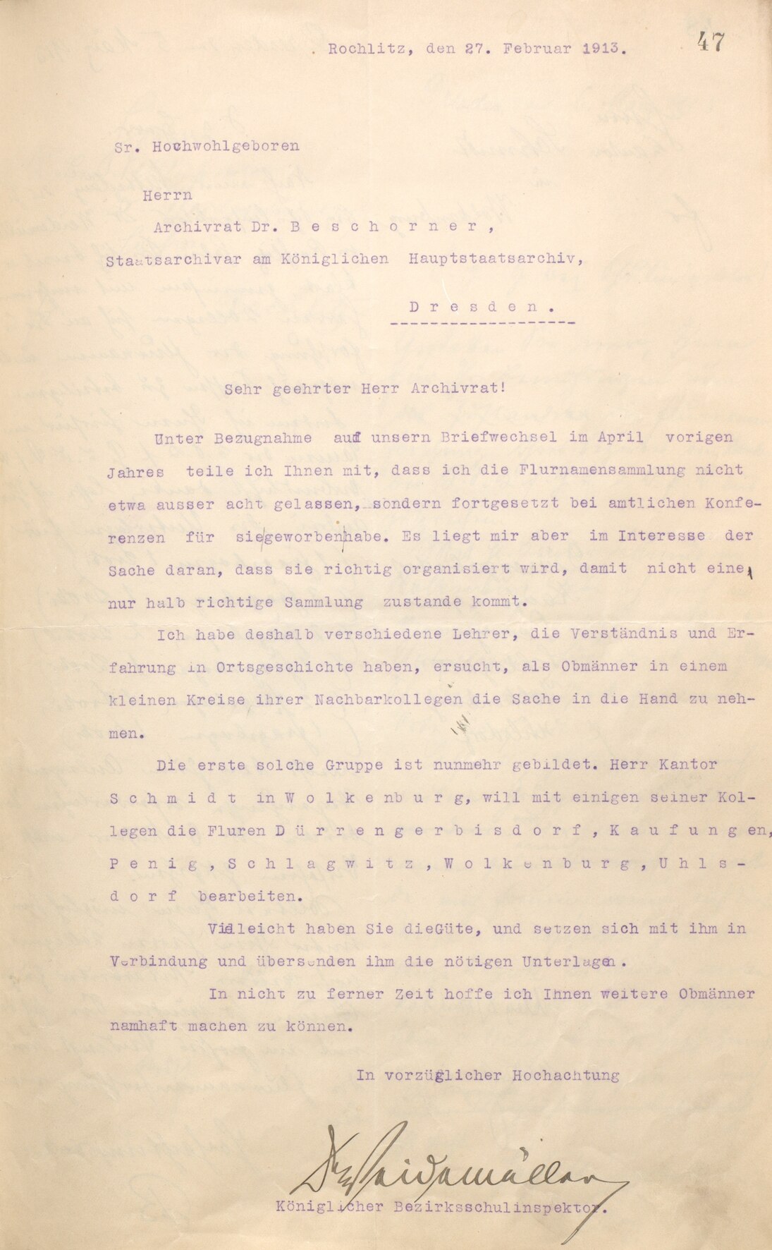 Mitwirkung von Lehrern an der Erfassung von Flurnamen, 1913