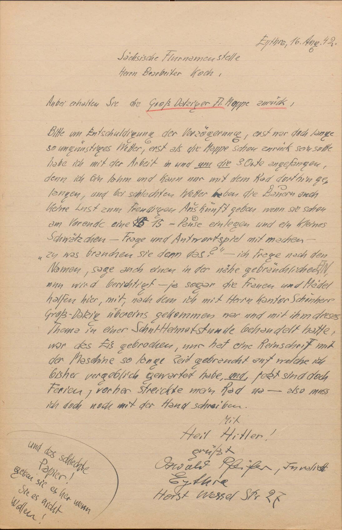 Bericht des Flurnamensammlers Oswald Pfeifer aus Eythra, 1942