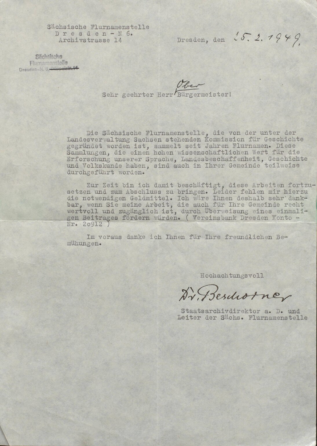 Spendenanfrage bei sächsischen Städten und Gemeinden, 1949