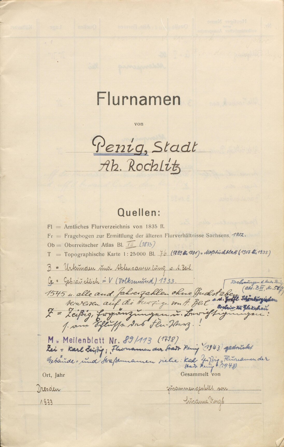 Flurnamenverzeichnis von Penig, 1902 - 1950 (Deckblatt)