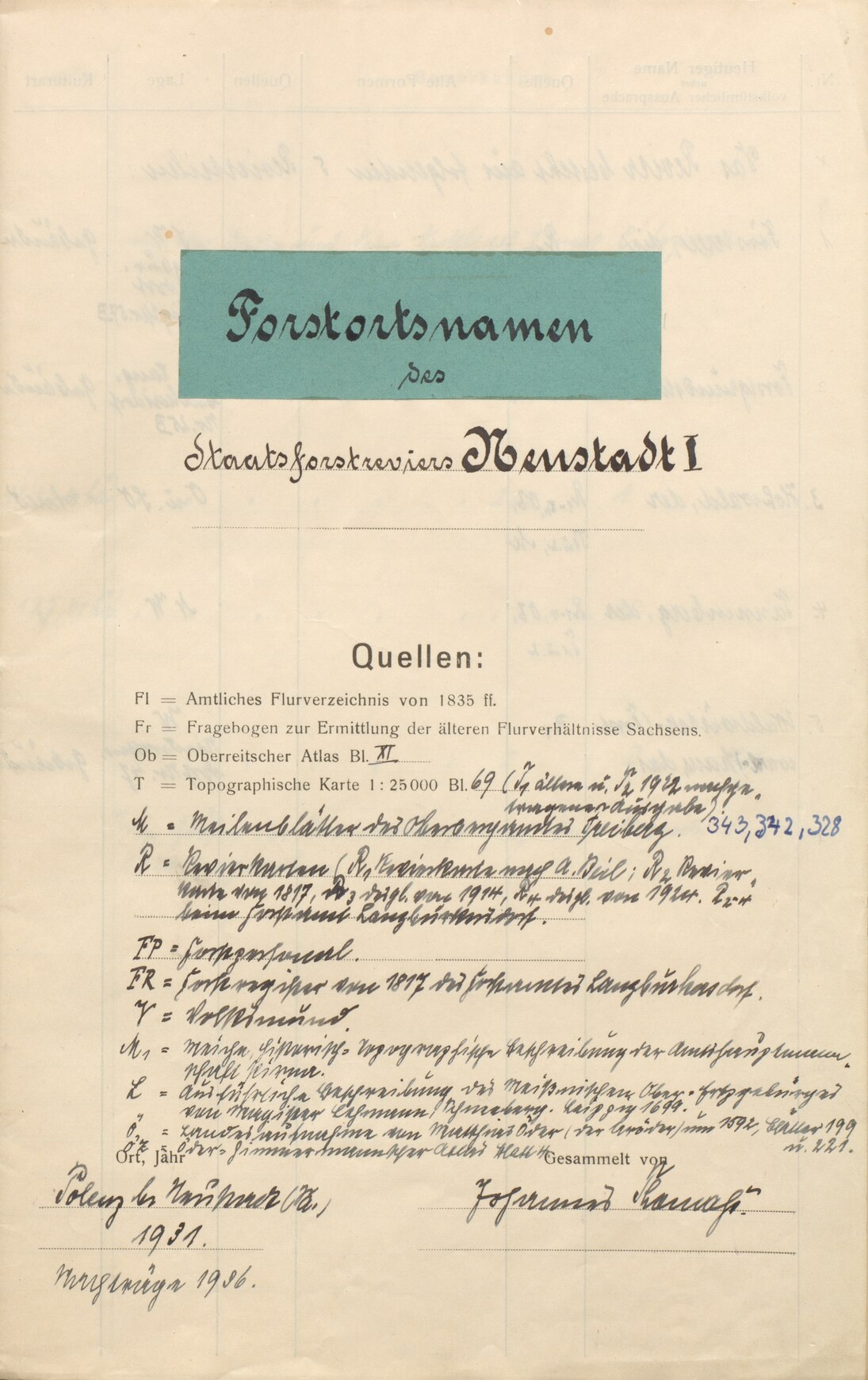 Forstortsnamenverzeichnis des Staatsforstreviers Neustadt I, 1928 - 1936 (Deckblatt)