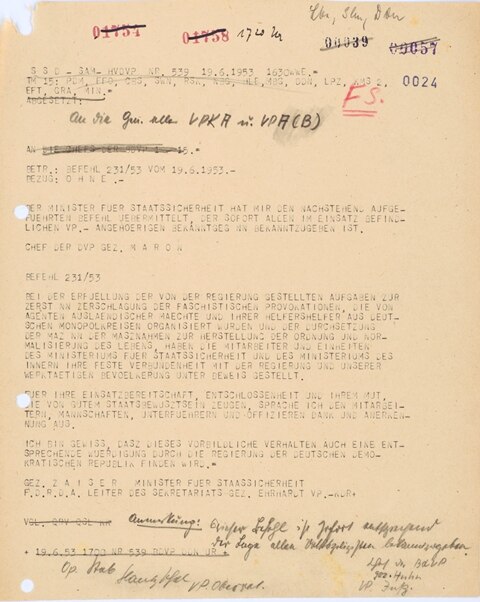 Dankschreiben des Staatssicherheitsministers Zaisser vom 19. Juni 1953 an die beteiligten Angehörigen von MfS und MdI für ihren Einsatz bei der Zerschlagung des Aufstandes