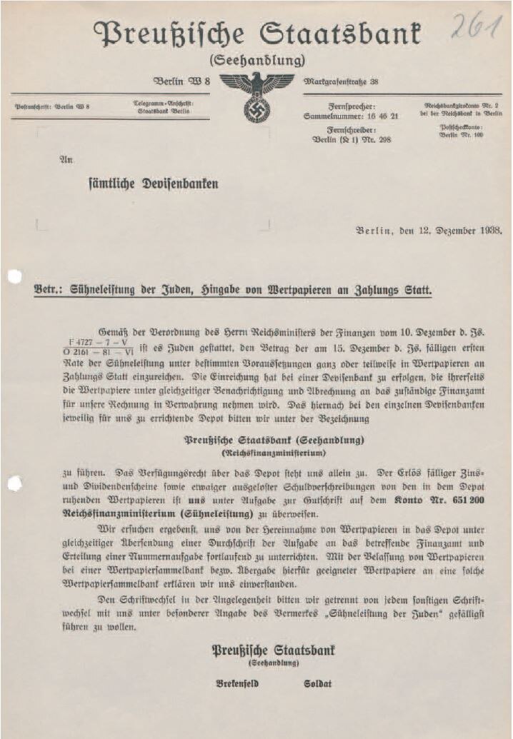 Anweisung der Preußischen Staatsbank an die Devisenbanken zur ersatzweisen Einnahme der »Sühneleistung« mit Wertpapieren, 12. Dezember 1938 (SächsStA-L, 21018 Dresdner Bank in Leipzig, Nr. 534)