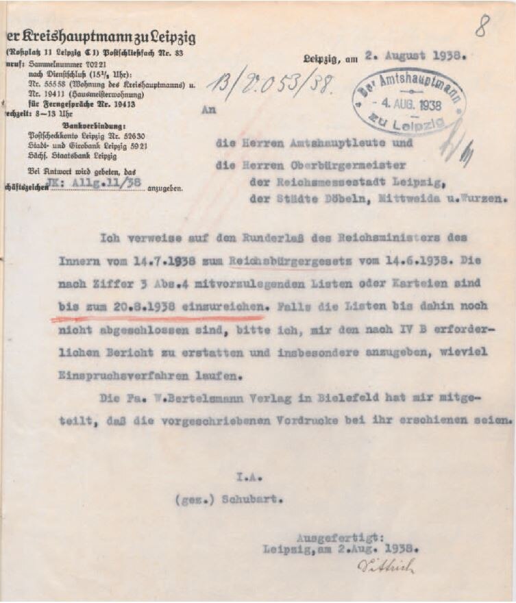 Erlass der Kreishauptmannschaft Leipzig an die Amtshauptmannschaften und kreisfreien Städte zur Anlegung einer Liste jüdischer Betriebe, 2. August 1938 (SächsStA-L, 20028 Amtshauptmannschaft Leipzig, Nr. 3090)