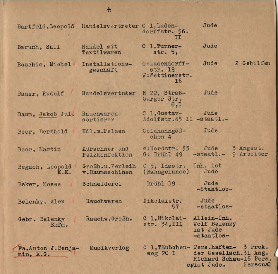 Liste jüdischer Firmen in Leipzig (Auszug, Buchstabe B), August 1938 (SächsStA-L, 21033 Reichsbankhauptstelle Leipzig, Nr. 846)