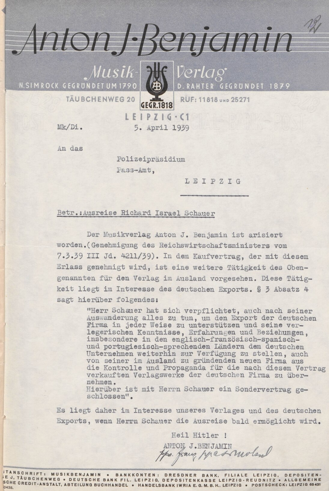 Beabsichtigte Auswanderung des Kaufmanns Richard Schauer im Zusammenhang mit der Arisierung des Leipziger Musikverlags Benjamin, 5. April 1939 (SächsStA-L, 20031 Polizeipräsidium Leipzig, Nr. PP-S 4021)