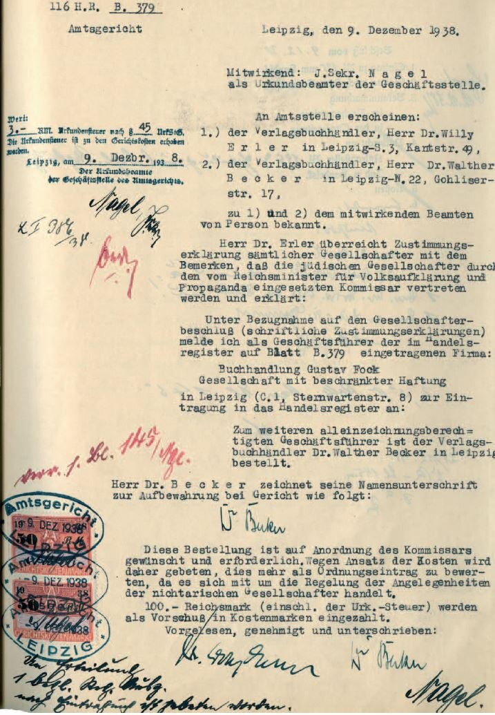 Einsetzung eines »arischen« Treuhänders für die Buchhandlung Gustav Fock, 9. Dezember 1938 (SächsStA-L, 20124 Amtsgericht Leipzig, Nr. HRB 379)